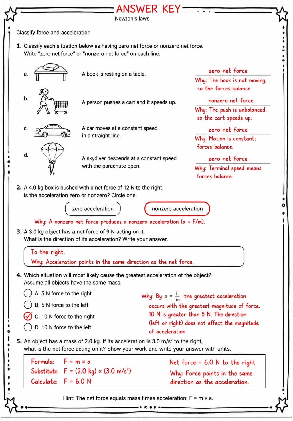 Answer key for Classify force and acceleration — free printable Science worksheet