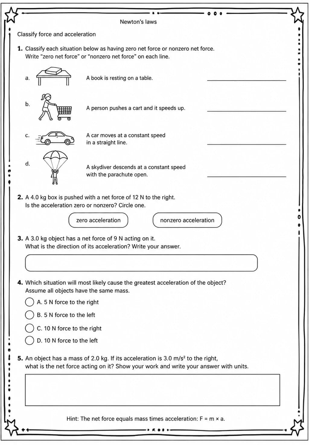 Classify force and acceleration — free printable Middle School Science worksheet