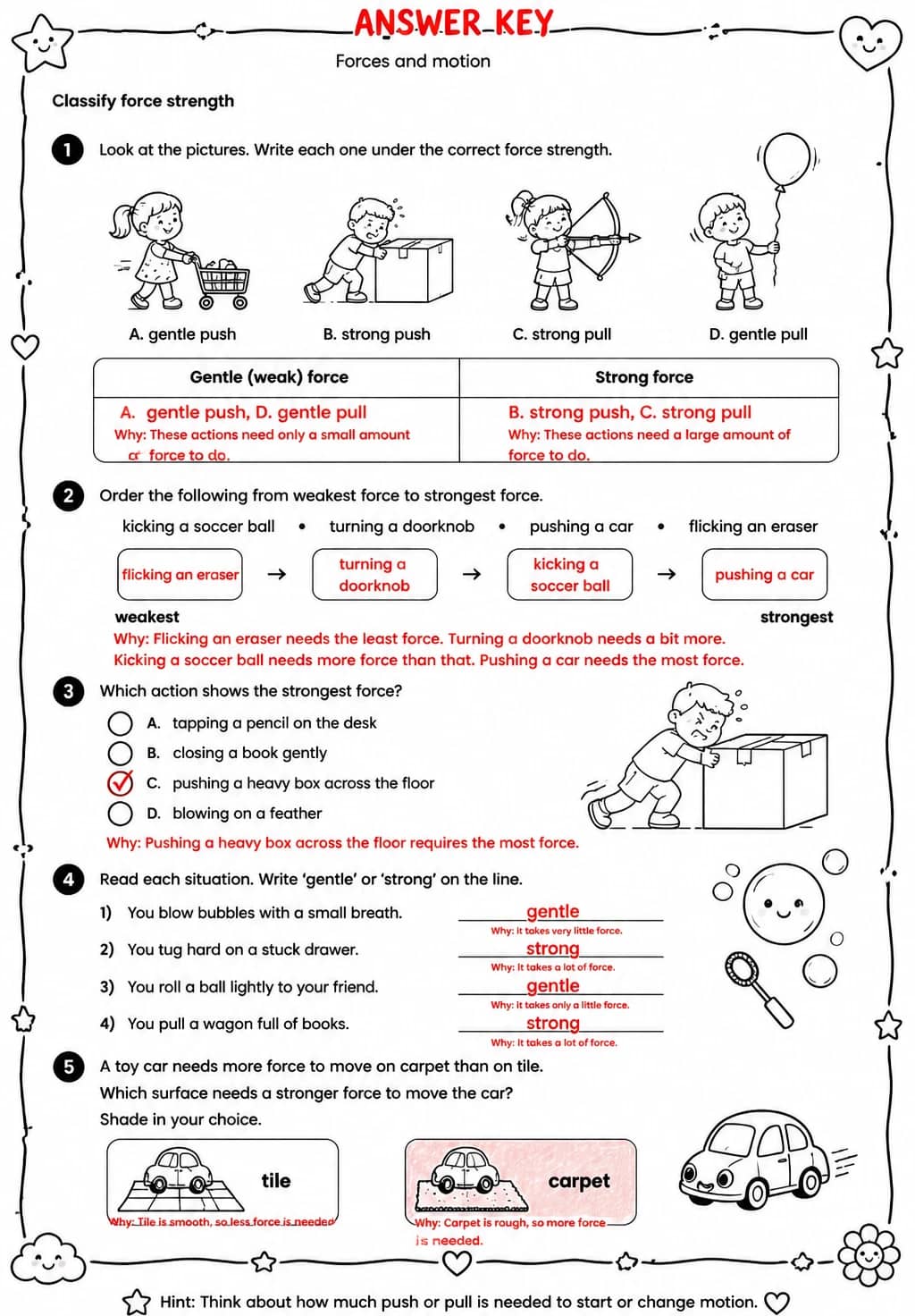 Answer key for Classify force strength — free printable Science worksheet