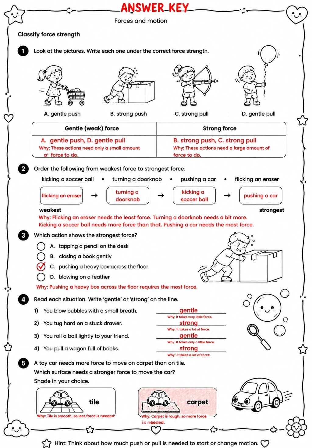 Answer key for Classify force strength — free printable Science worksheet