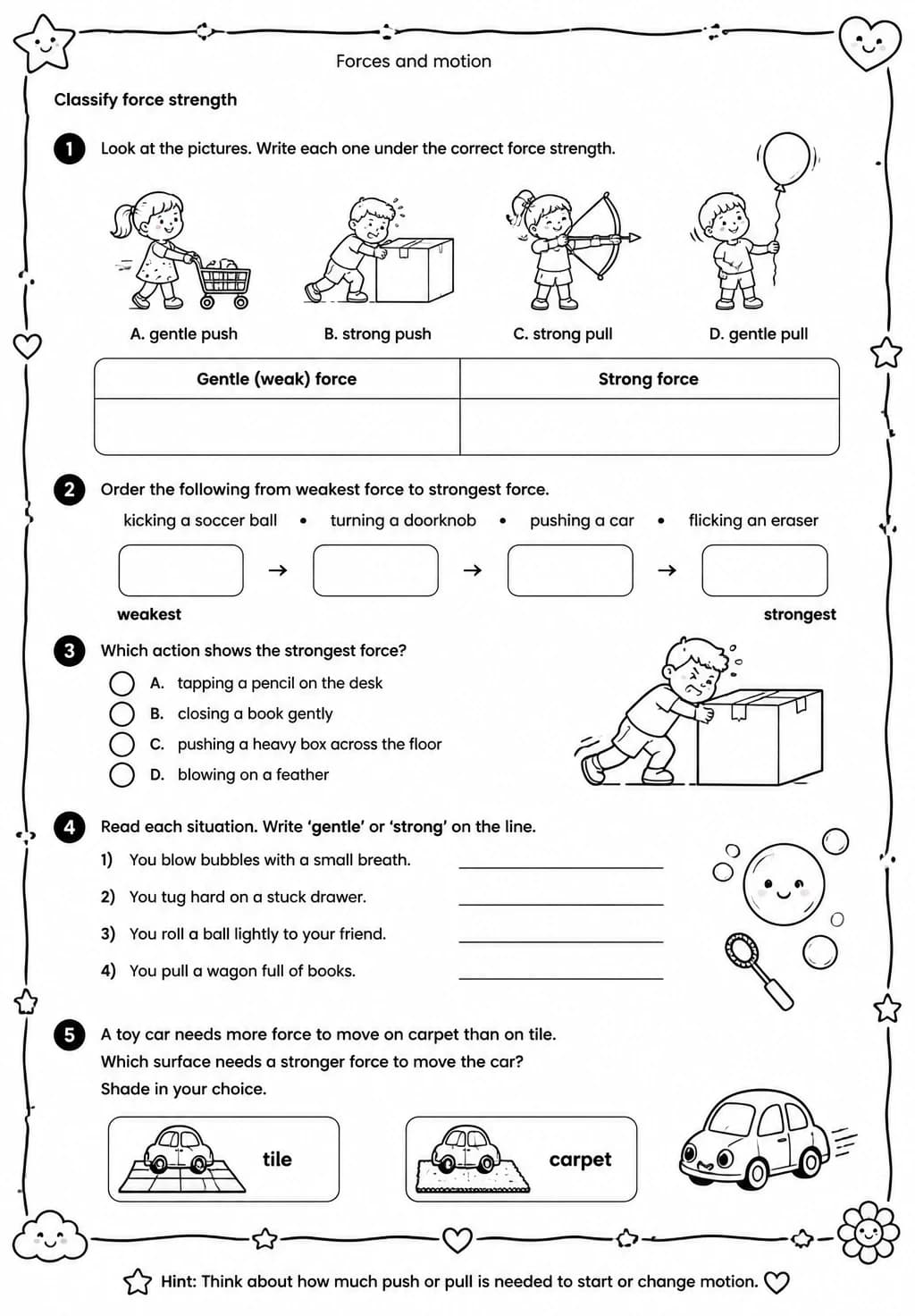 Classify force strength — free printable Grade 4 Science worksheet
