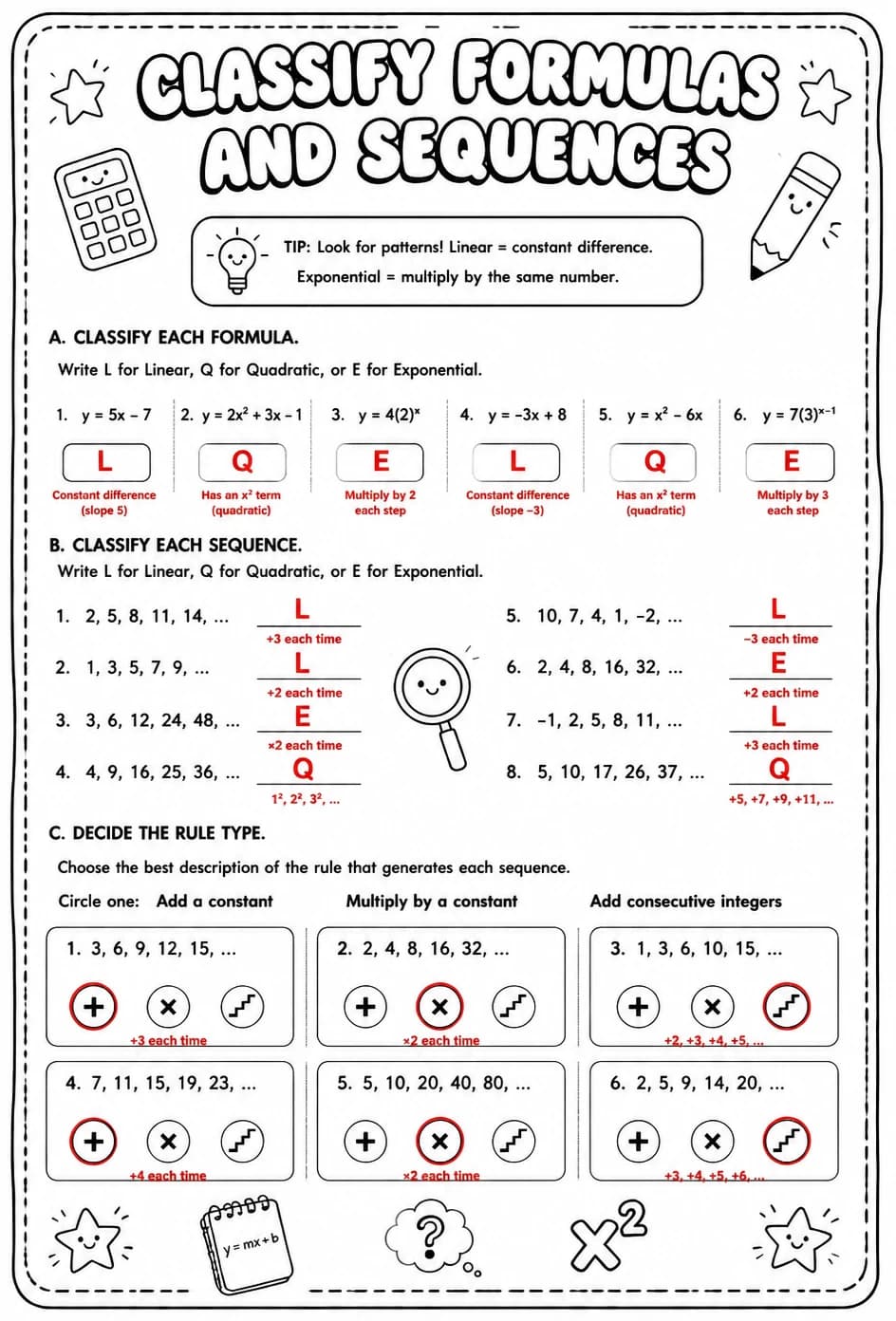 Answer key for Classify formulas and sequences — free printable Math worksheet