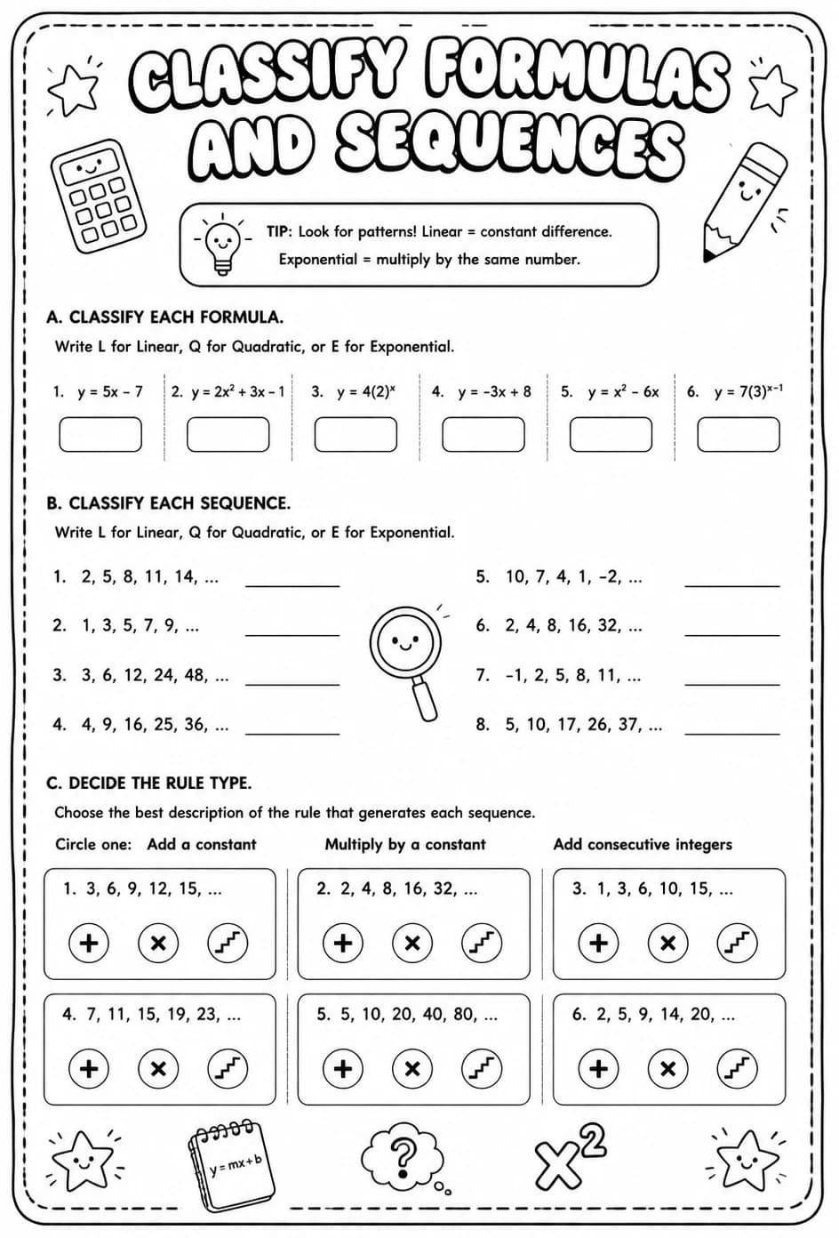 Classify formulas and sequences — free printable Algebra 2 math worksheet