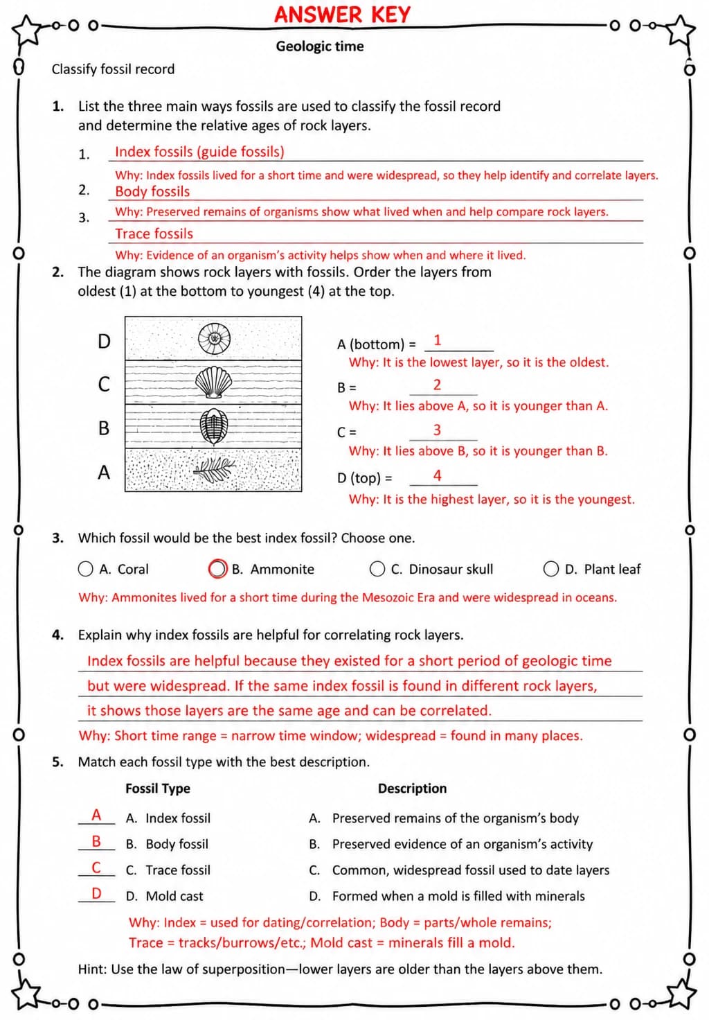 Answer key for Classify fossil record — free printable Science worksheet