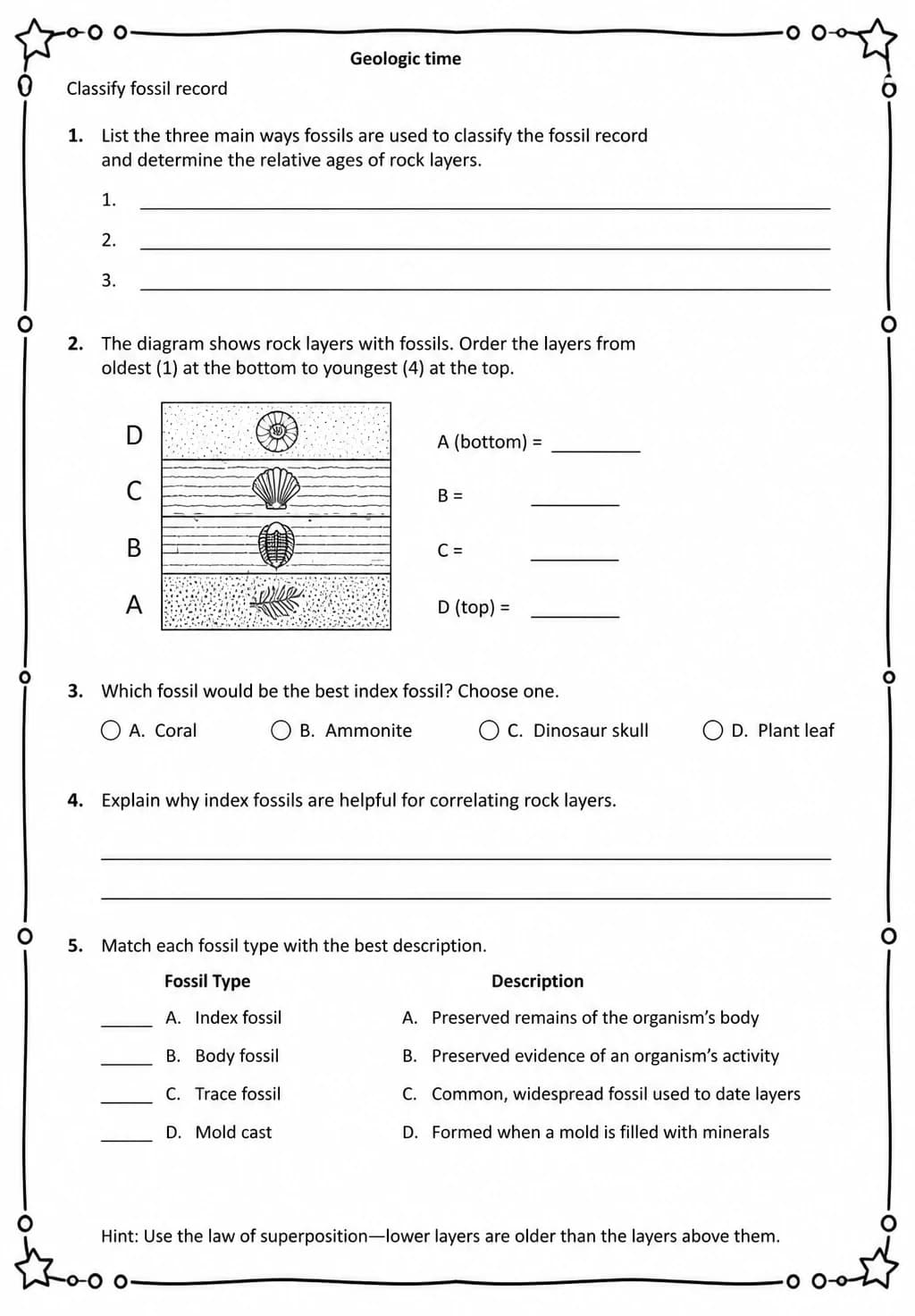 Classify fossil record — free printable Middle School Science worksheet