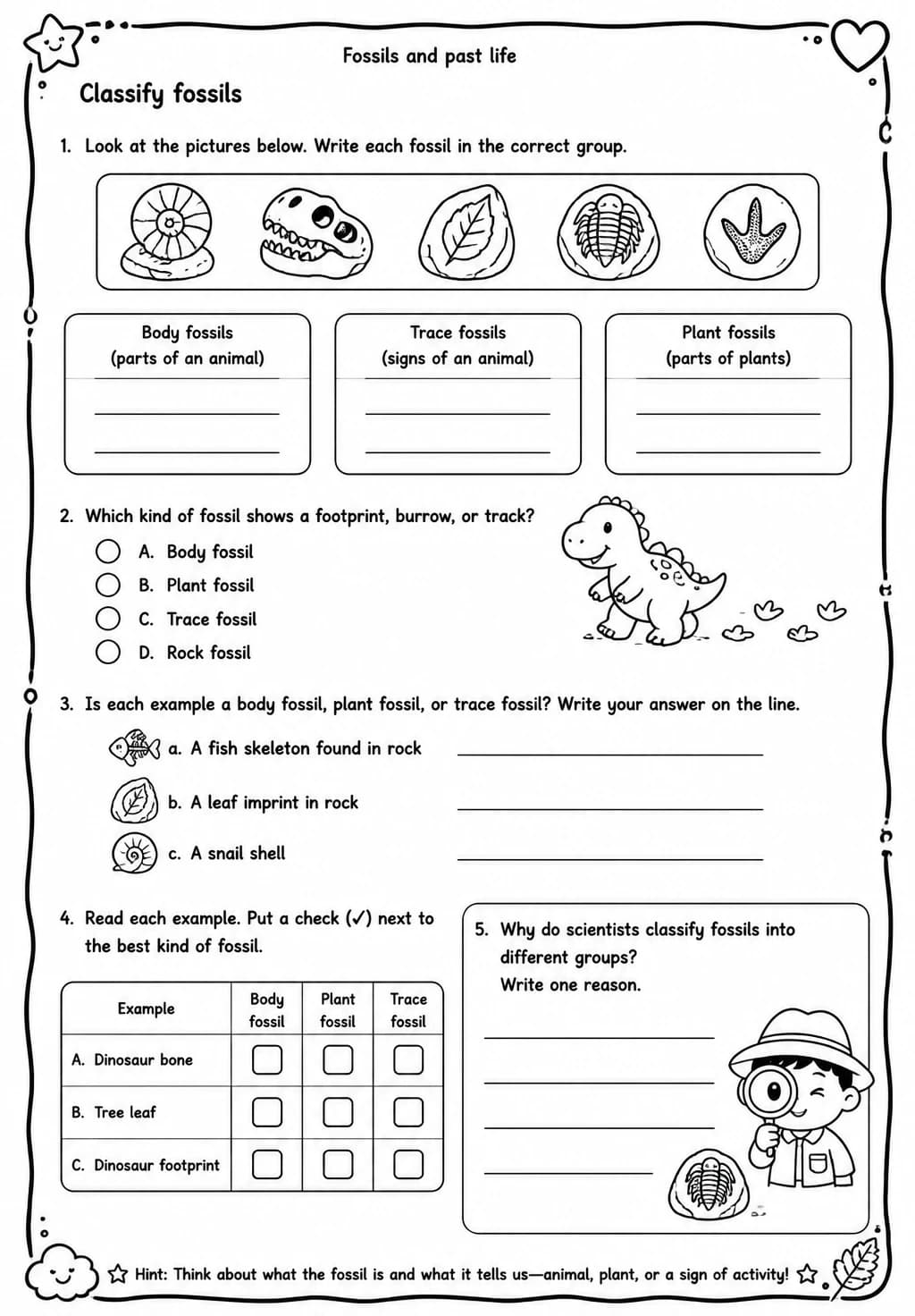 Classify fossils — free printable Grade 3 Science worksheet