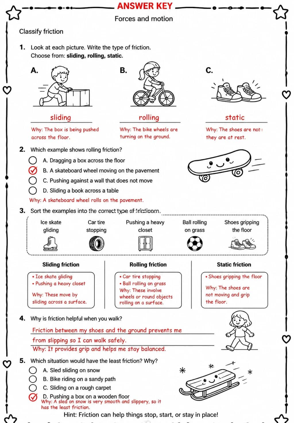 Answer key for Classify friction — free printable Science worksheet