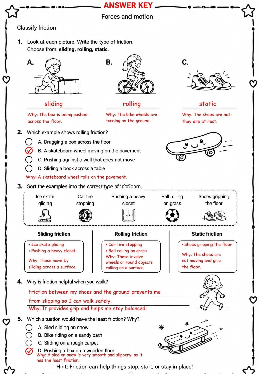 Answer key for Classify friction — free printable Science worksheet