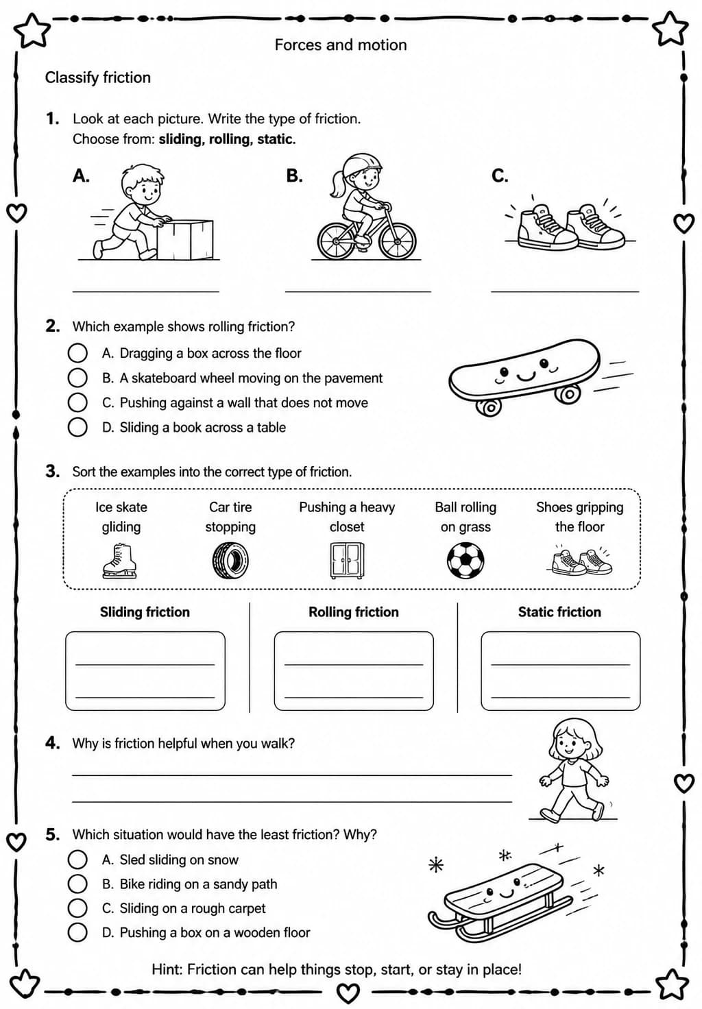 Classify friction — free printable Grade 4 Science worksheet