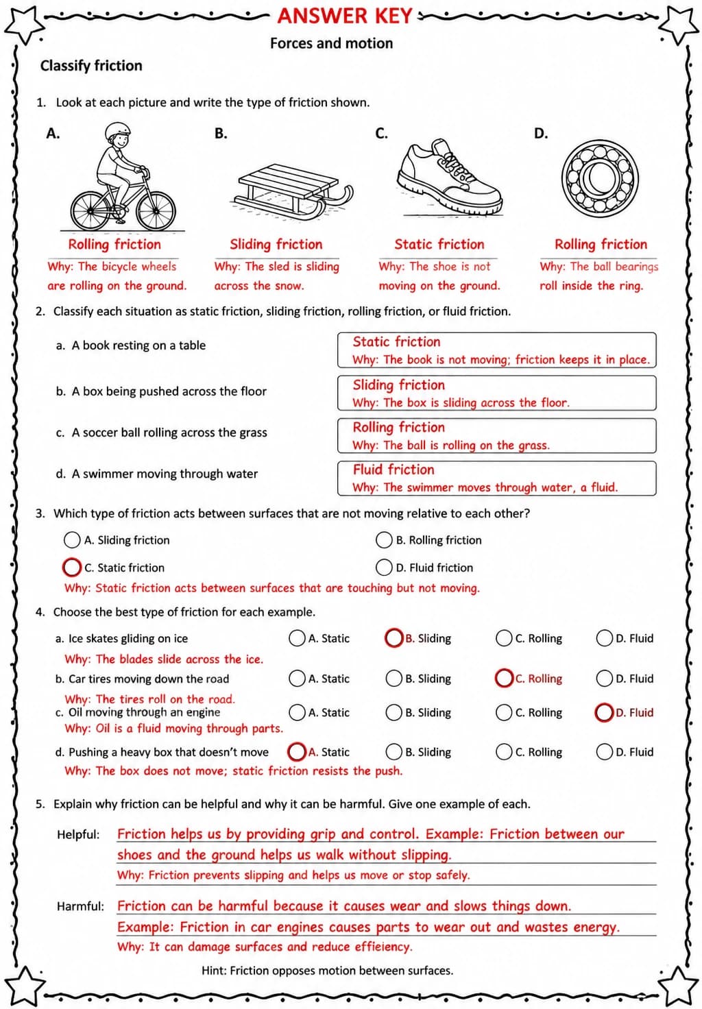 Answer key for Classify friction — free printable Science worksheet
