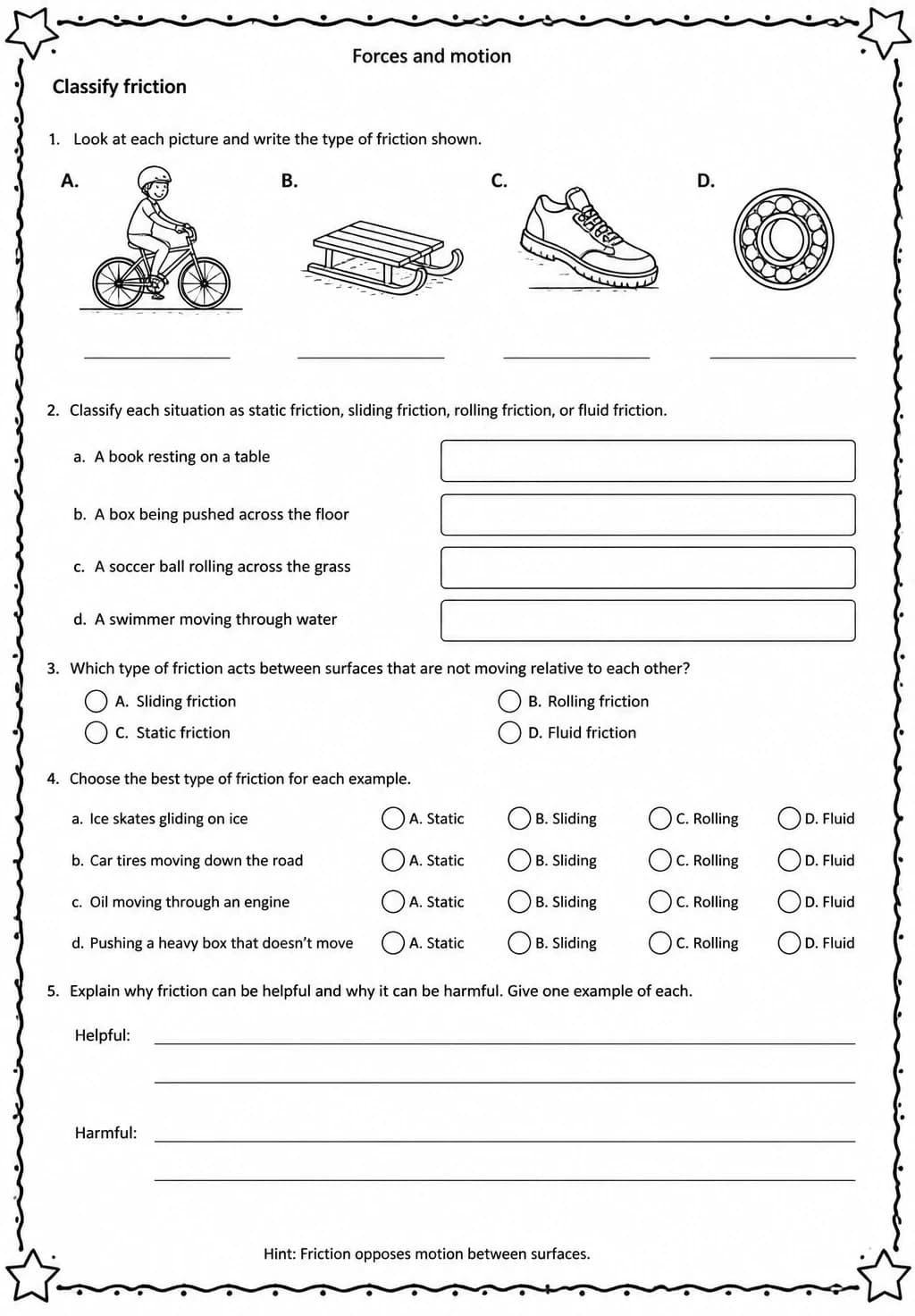 Classify friction — free printable Grade 5 Science worksheet