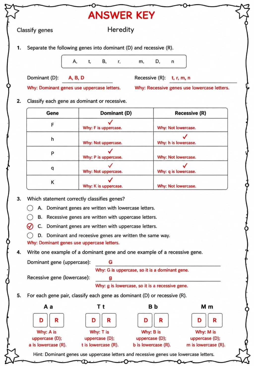 Answer key for Classify genes — free printable Science worksheet