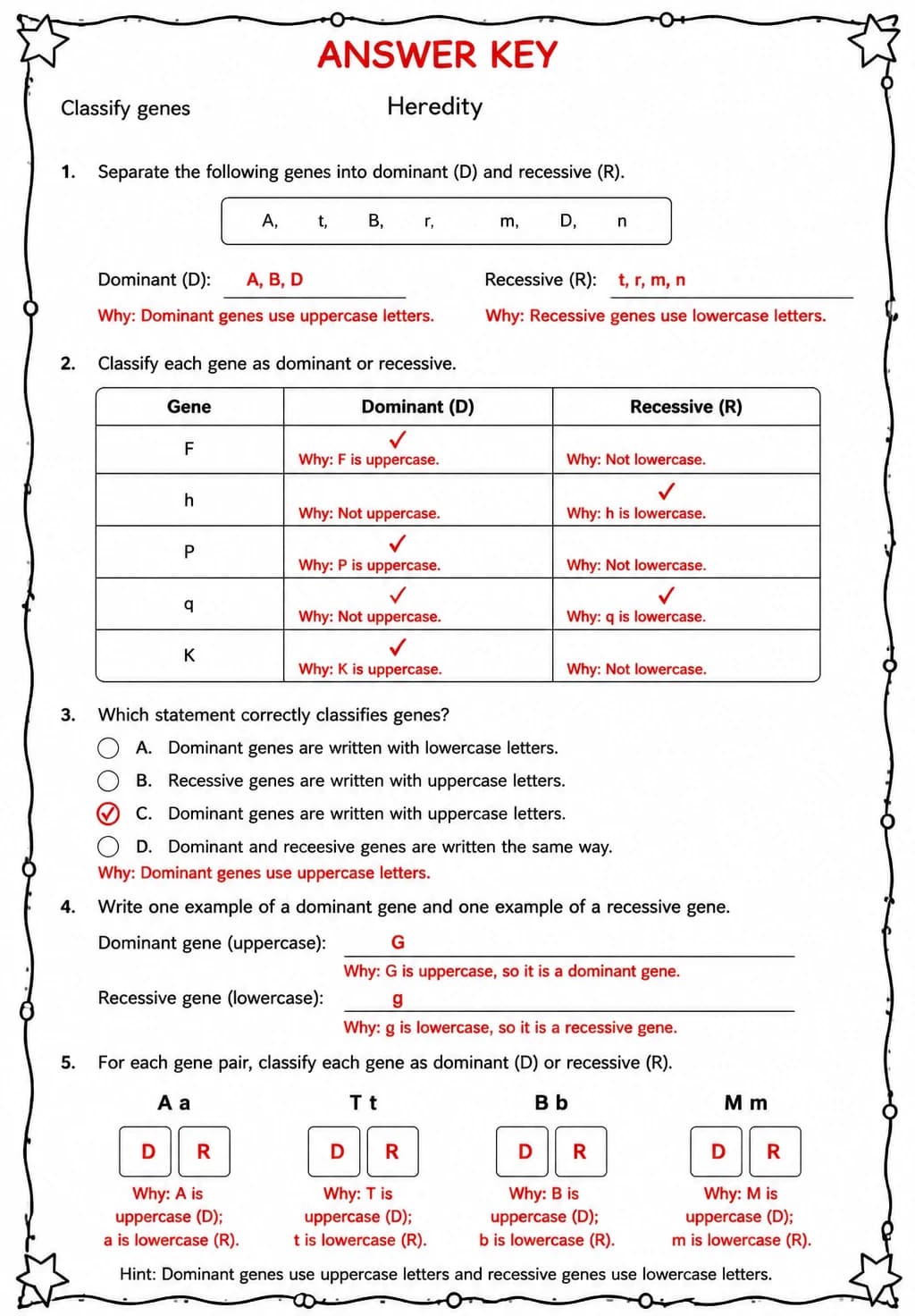 Answer key for Classify genes — free printable Science worksheet