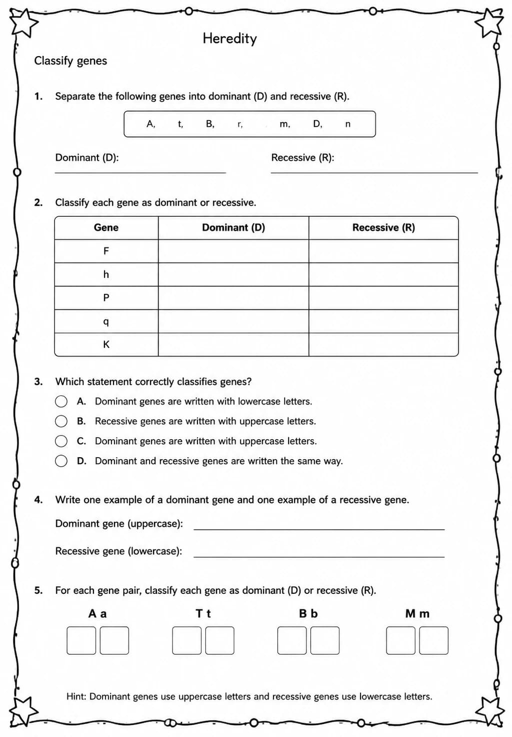 Classify genes — free printable Middle School Science worksheet