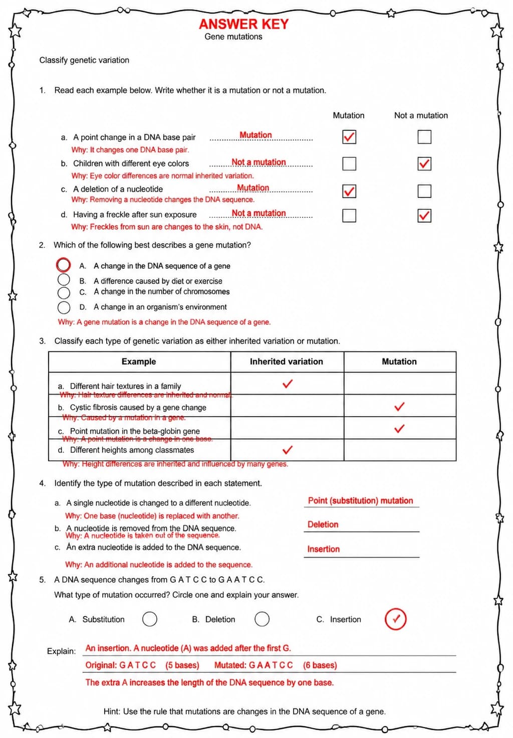 Answer key for Classify genetic variation — free printable Science worksheet
