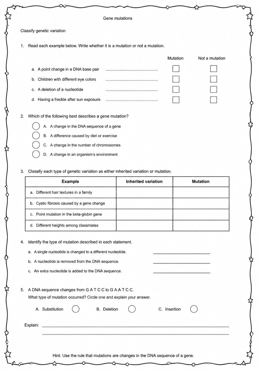 Classify genetic variation — free printable Middle School Science worksheet