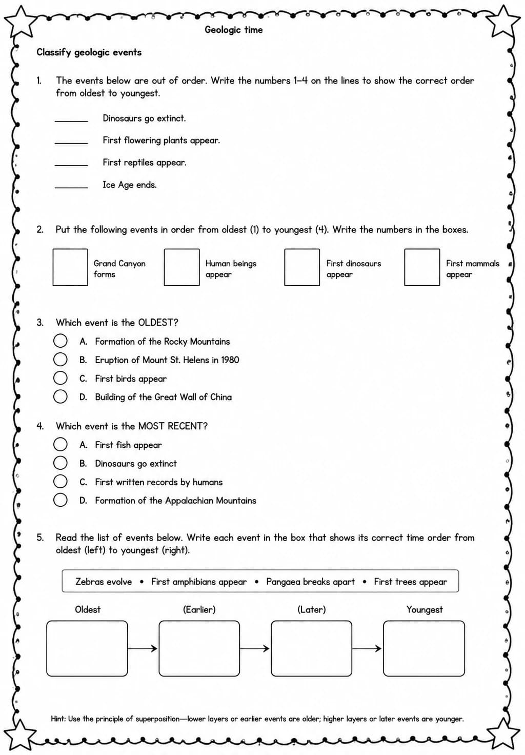 Classify geologic events — free printable Middle School Science worksheet