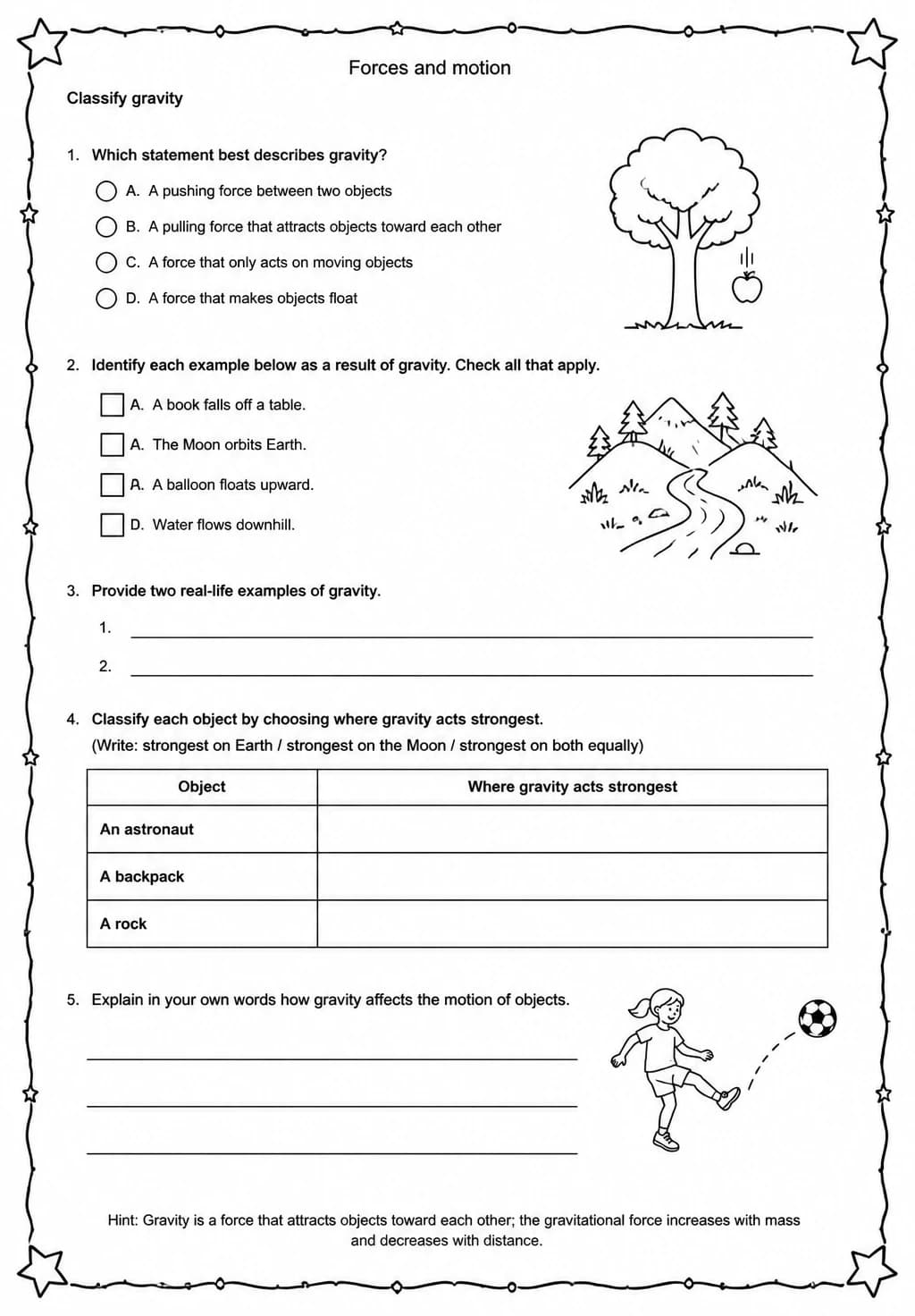 Classify gravity — free printable Grade 5 Science worksheet