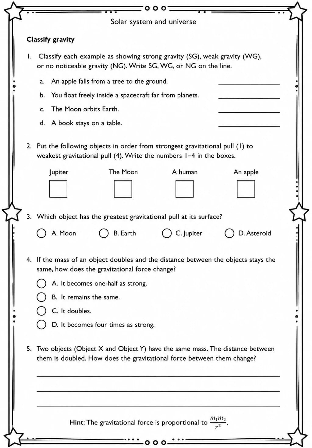 Classify gravity — free printable Middle School Science worksheet