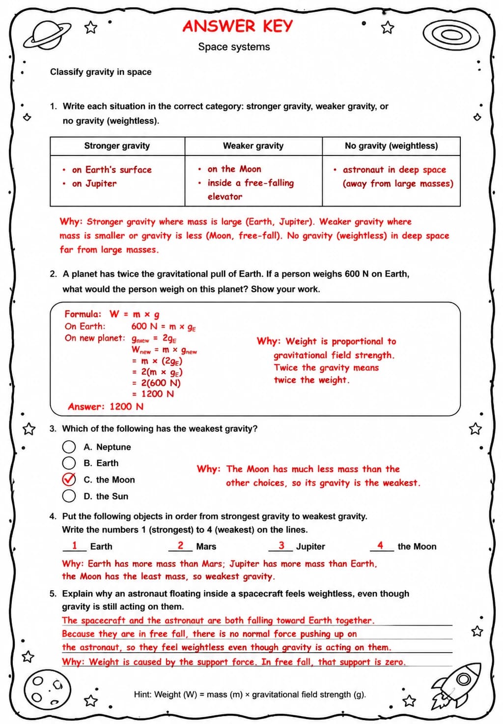 Answer key for Classify gravity in space — free printable Science worksheet
