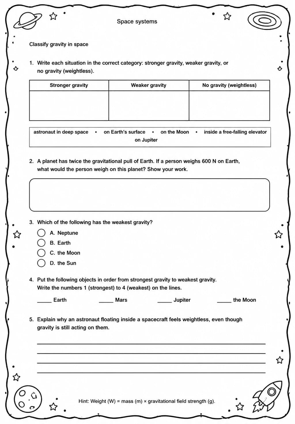 Classify gravity in space — free printable Middle School Science worksheet