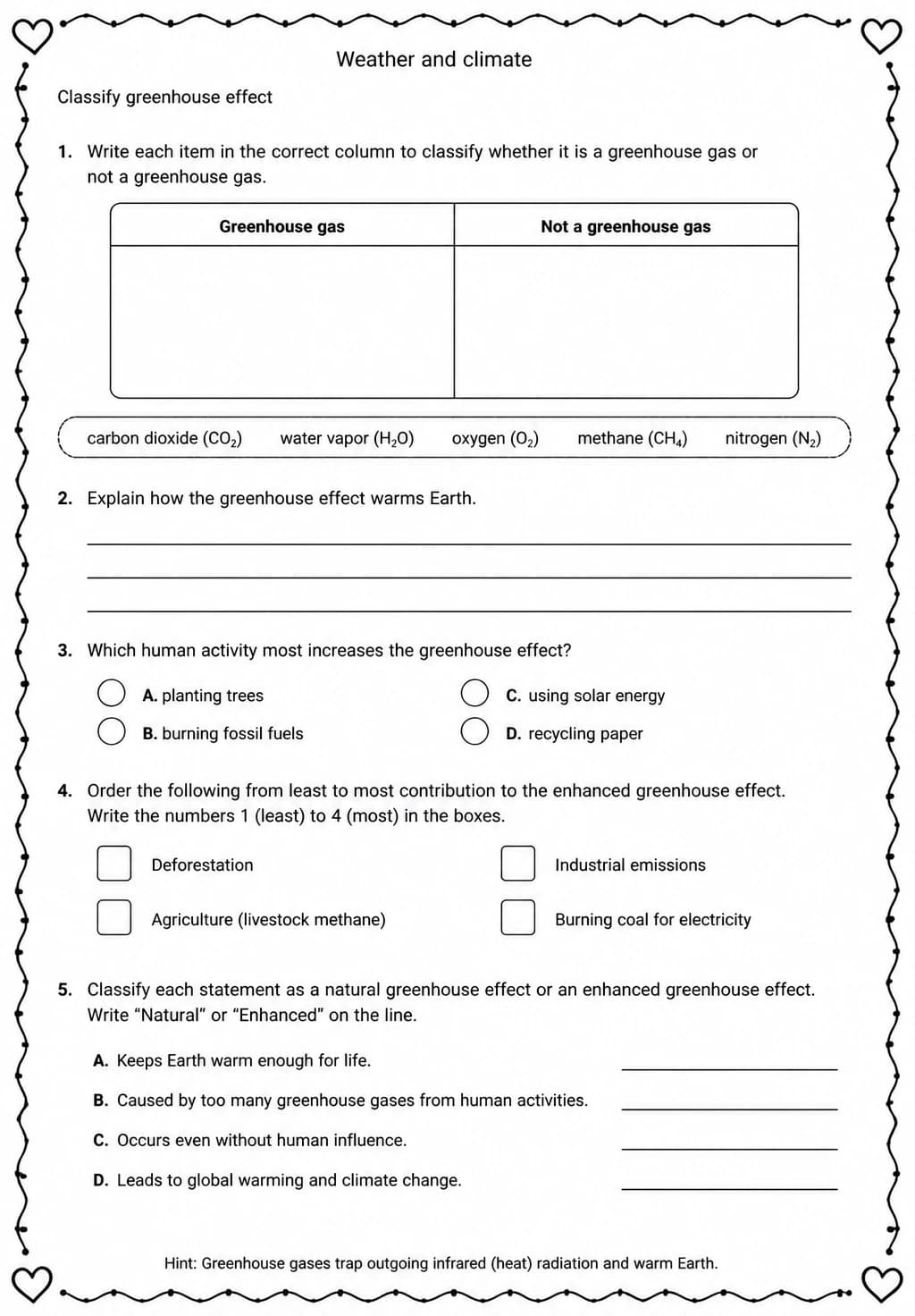 Classify greenhouse effect — free printable Middle School Science worksheet