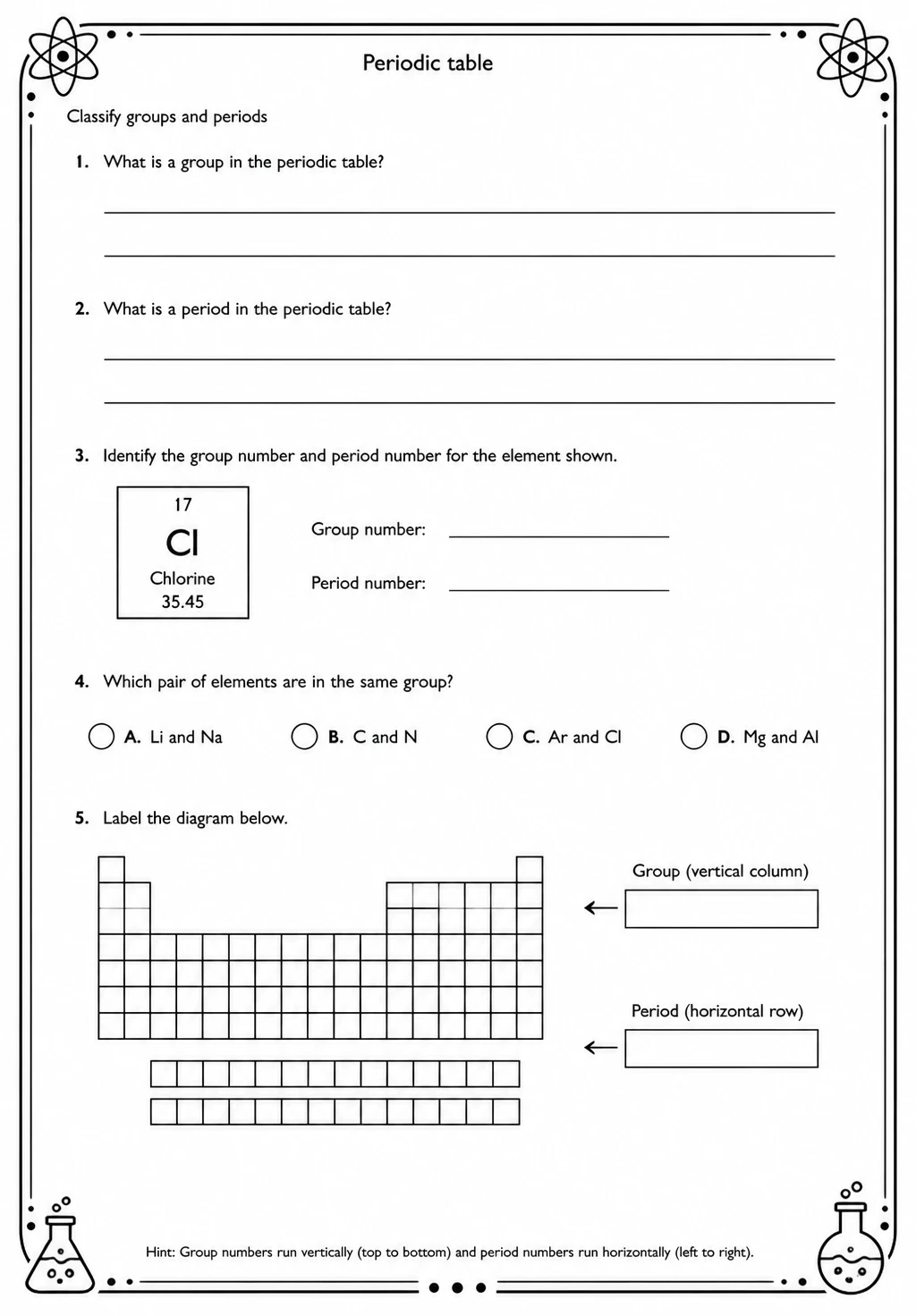 Classify groups and periods — free printable High School Science worksheet