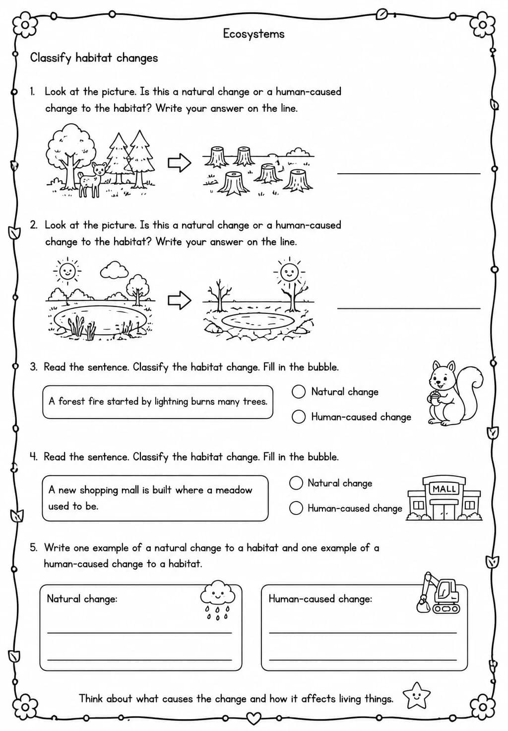 Classify habitat changes — free printable Grade 3 Science worksheet