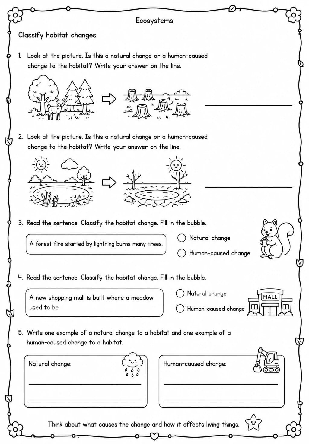 Classify habitat changes — free printable Grade 3 Science worksheet