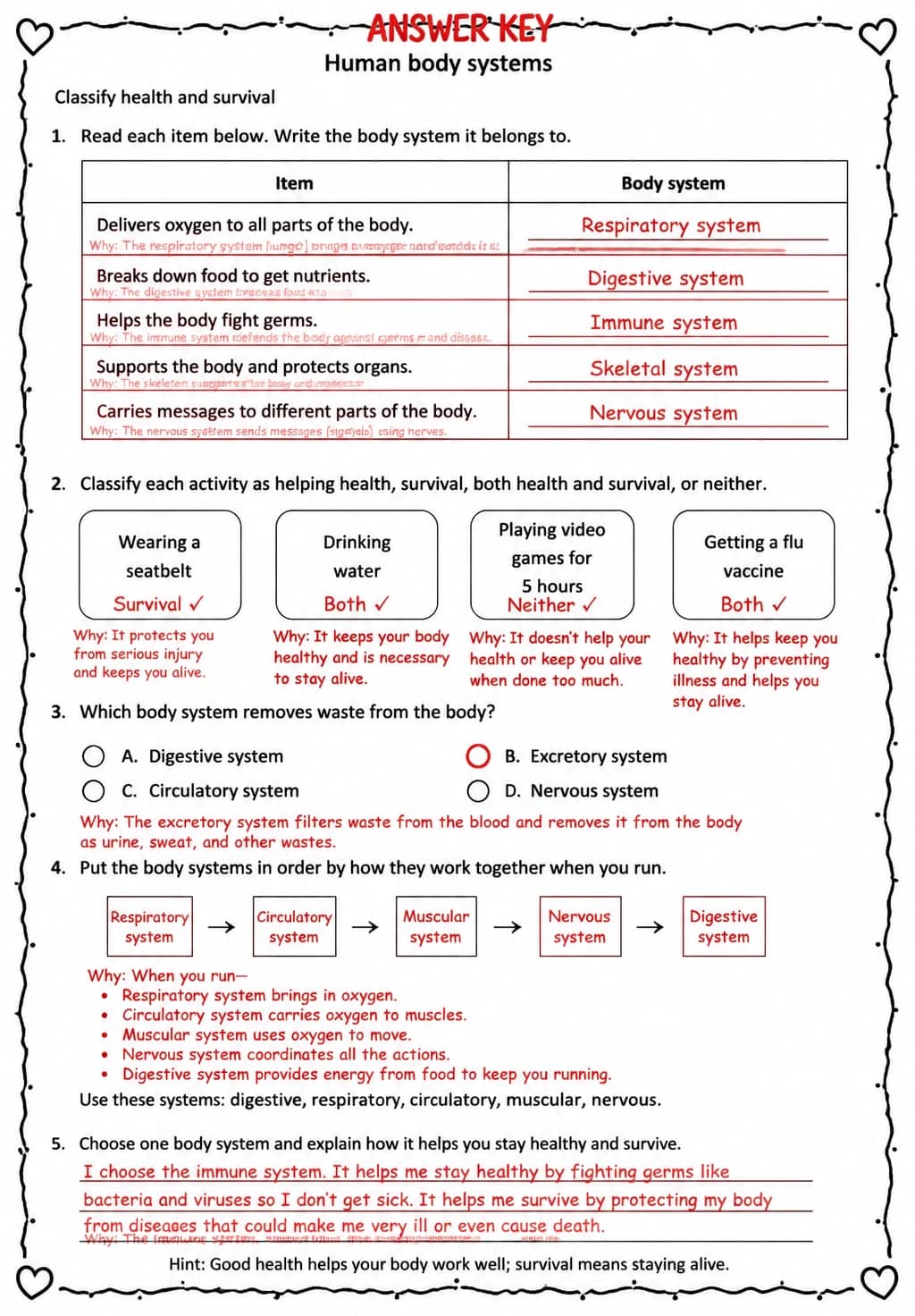 Answer key for Classify health and survival — free printable Science worksheet