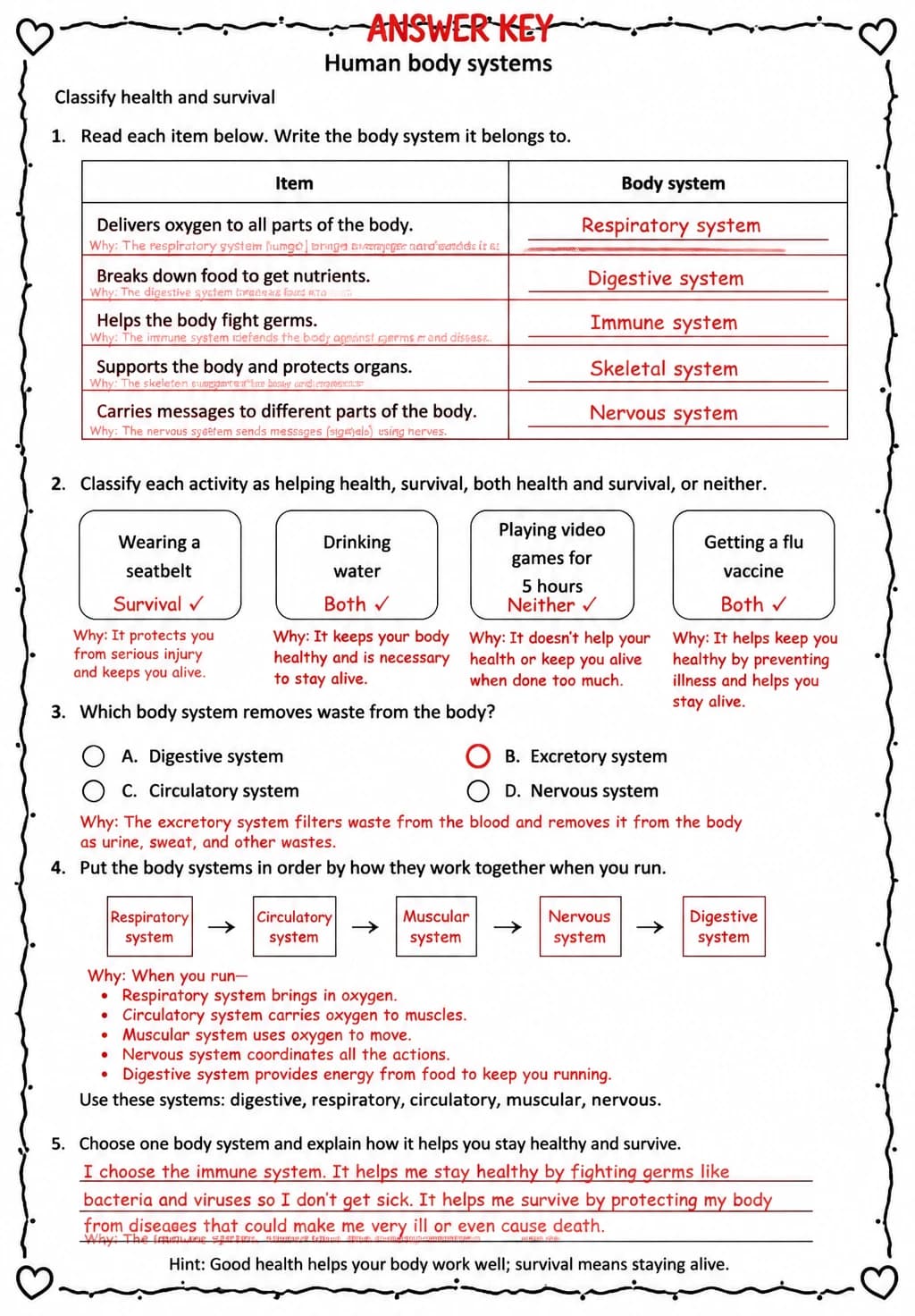 Answer key for Classify health and survival — free printable Science worksheet