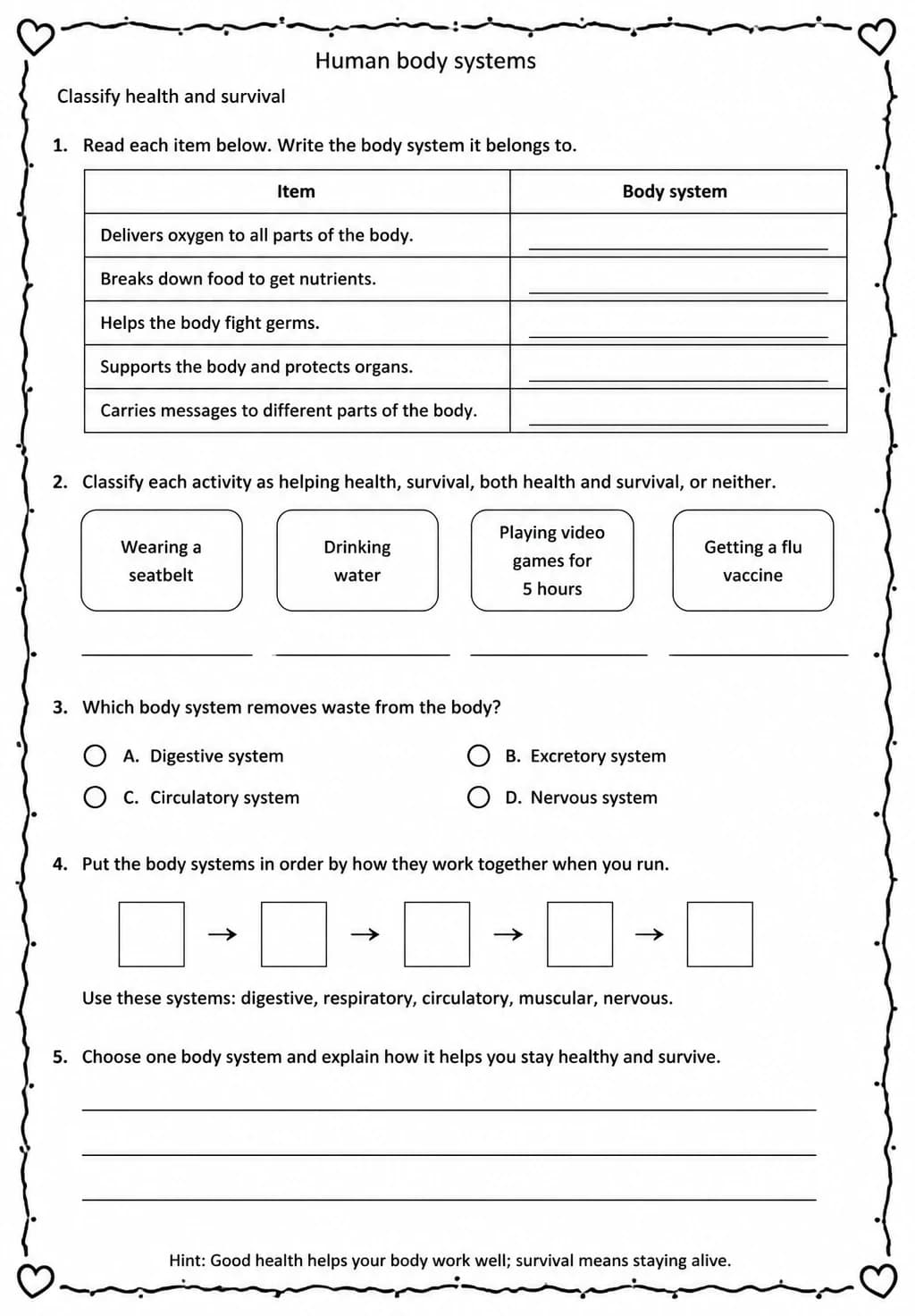 Classify health and survival — free printable Grade 5 Science worksheet