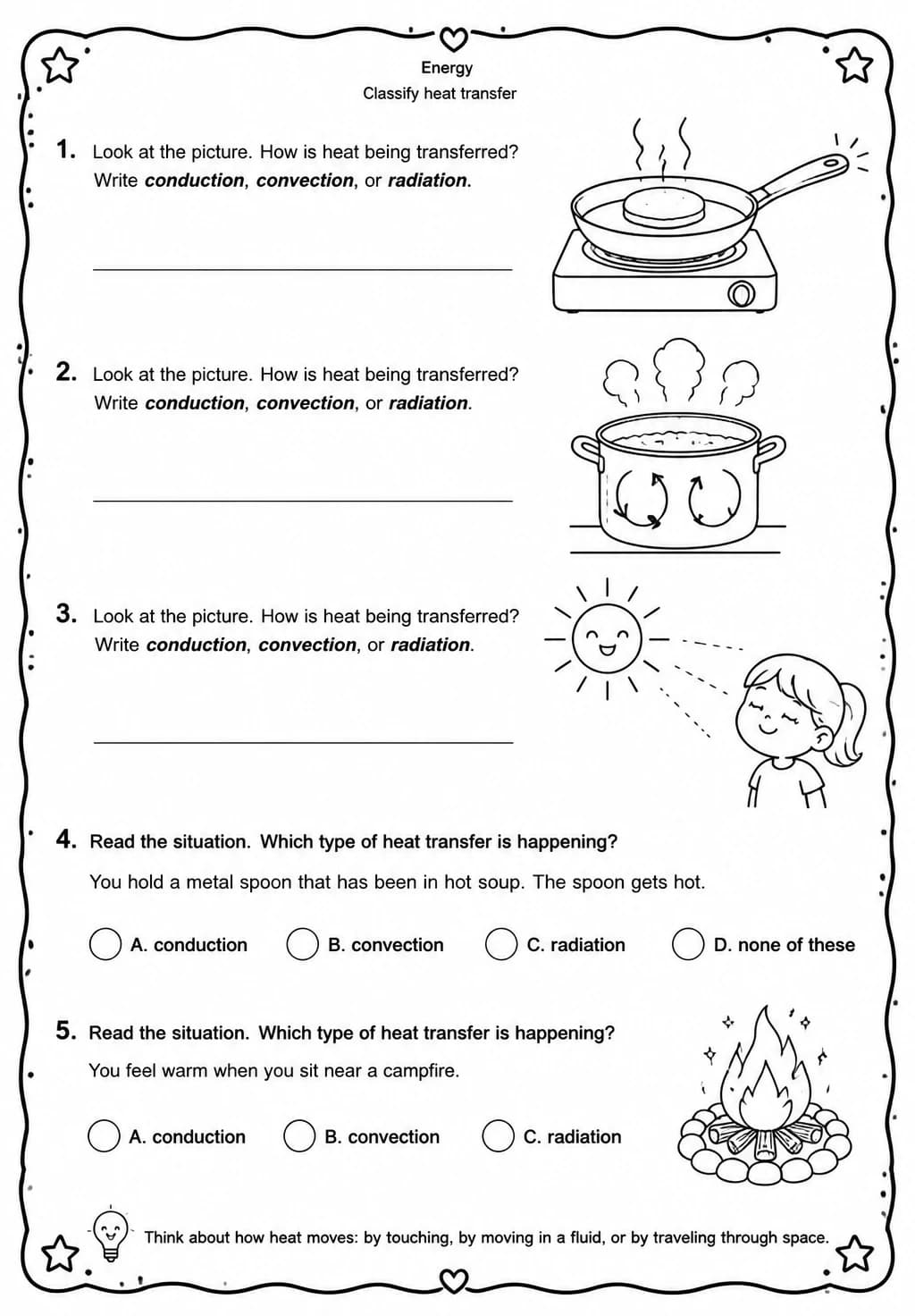 Classify heat transfer — free printable Grade 3 Science worksheet