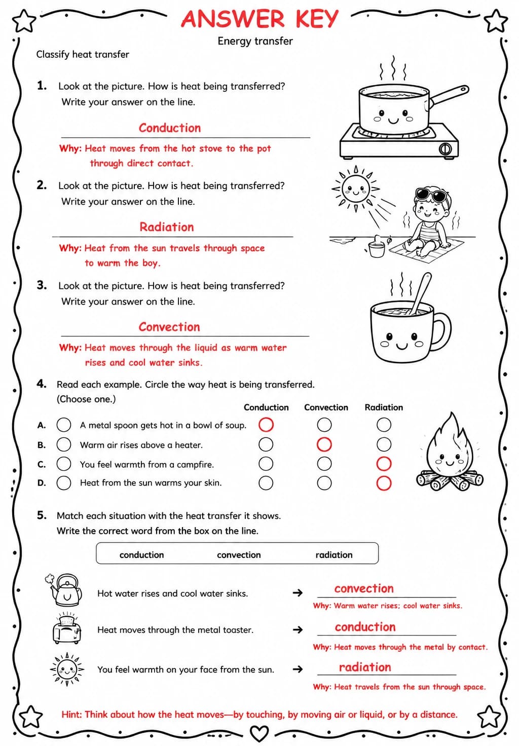 Answer key for Classify heat transfer — free printable Science worksheet