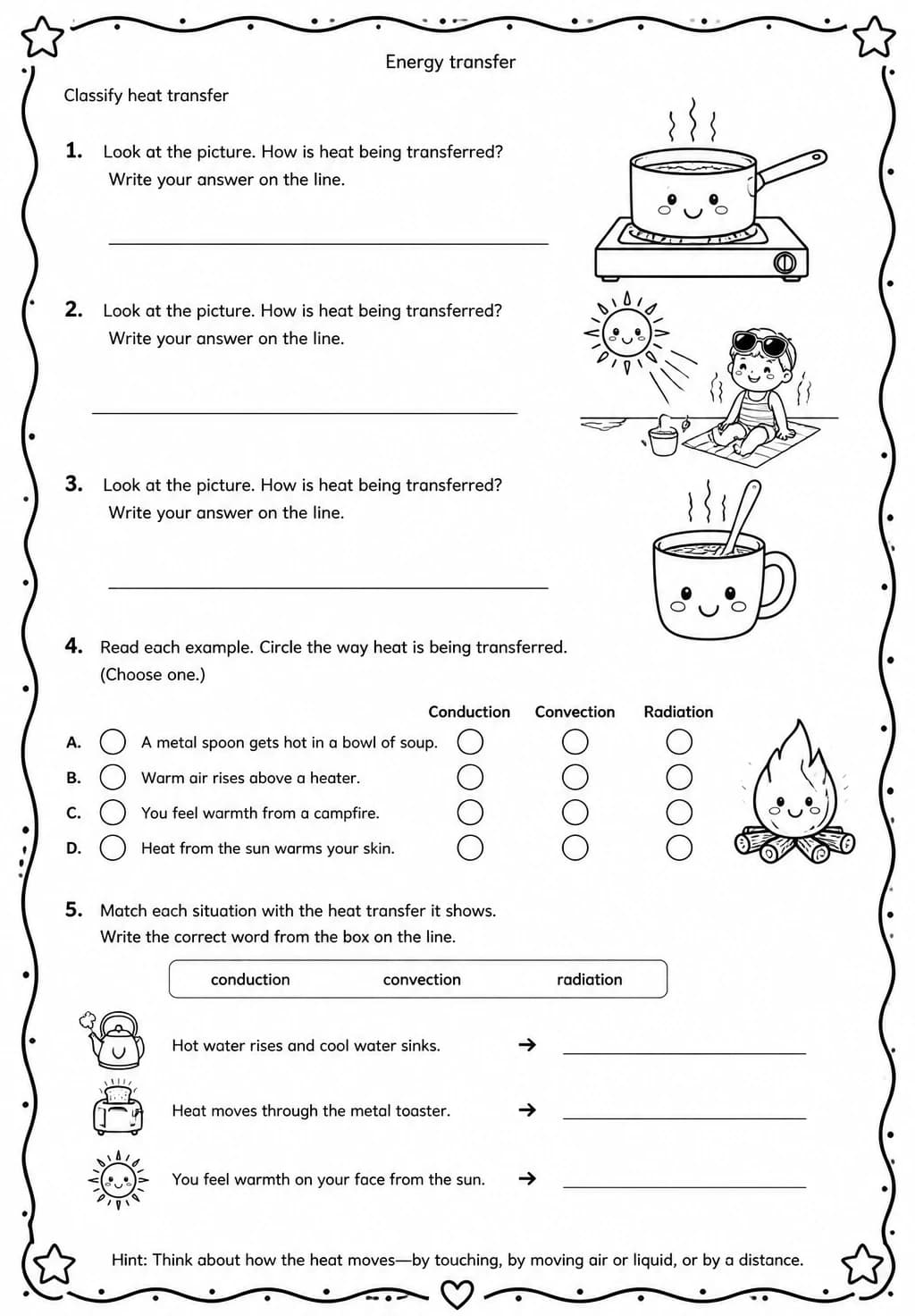 Classify heat transfer — free printable Grade 4 Science worksheet