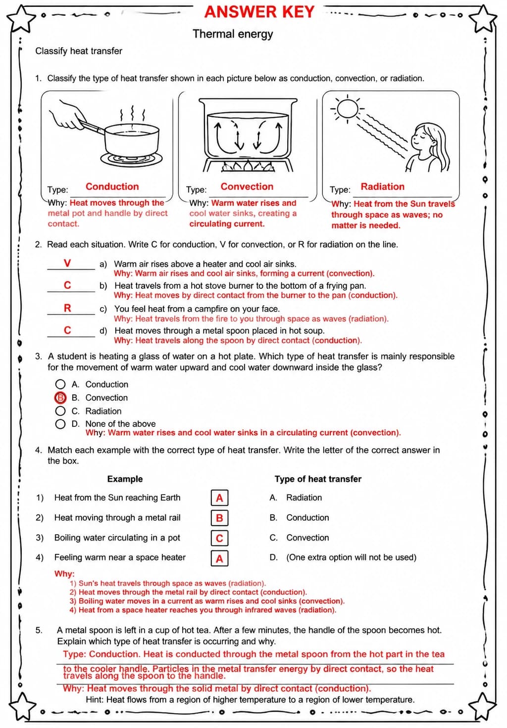 Answer key for Classify heat transfer — free printable Science worksheet