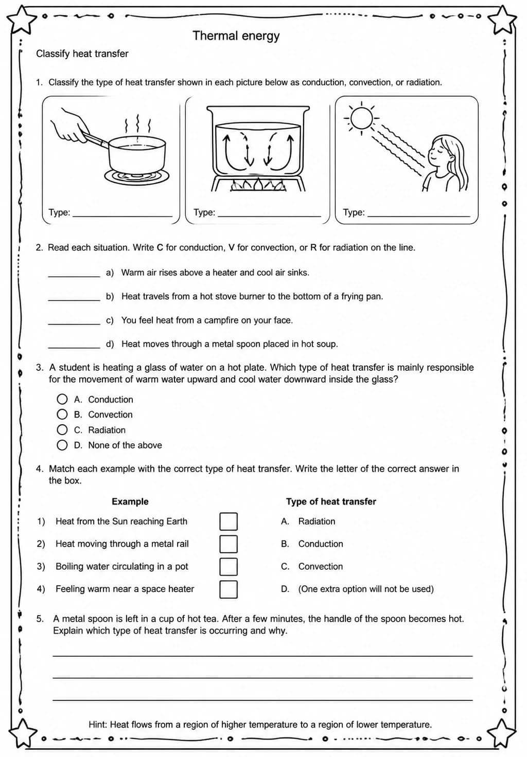 Classify heat transfer — free printable Middle School Science worksheet