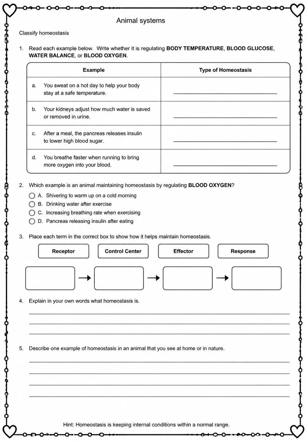 Classify homeostasis — free printable Middle School Science worksheet