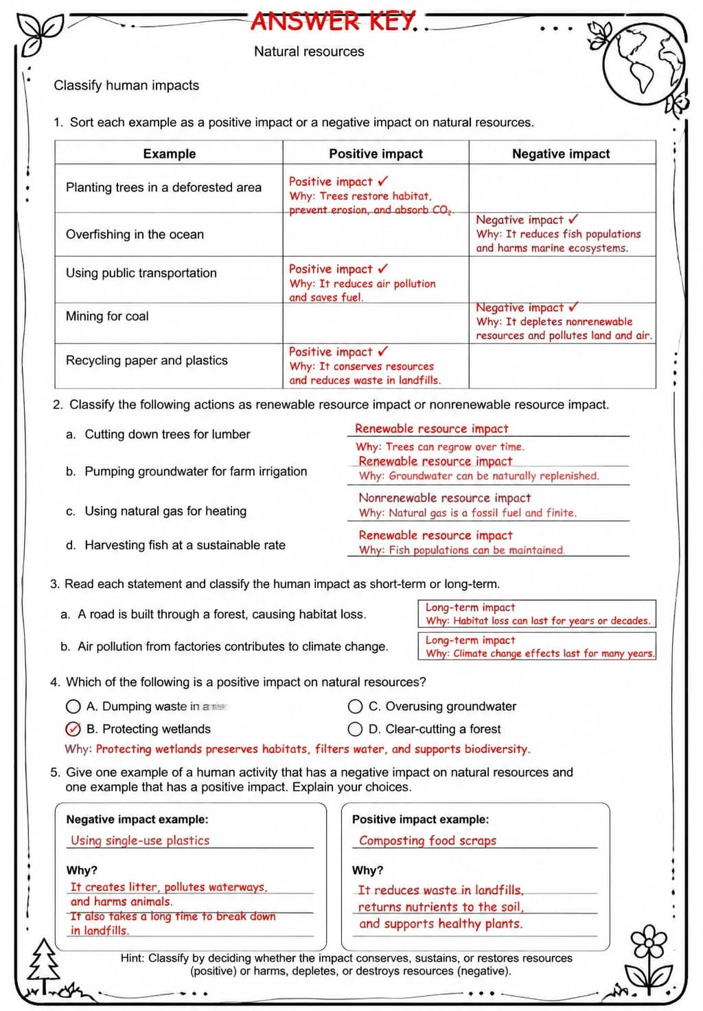 Answer key for Classify human impacts — free printable Science worksheet