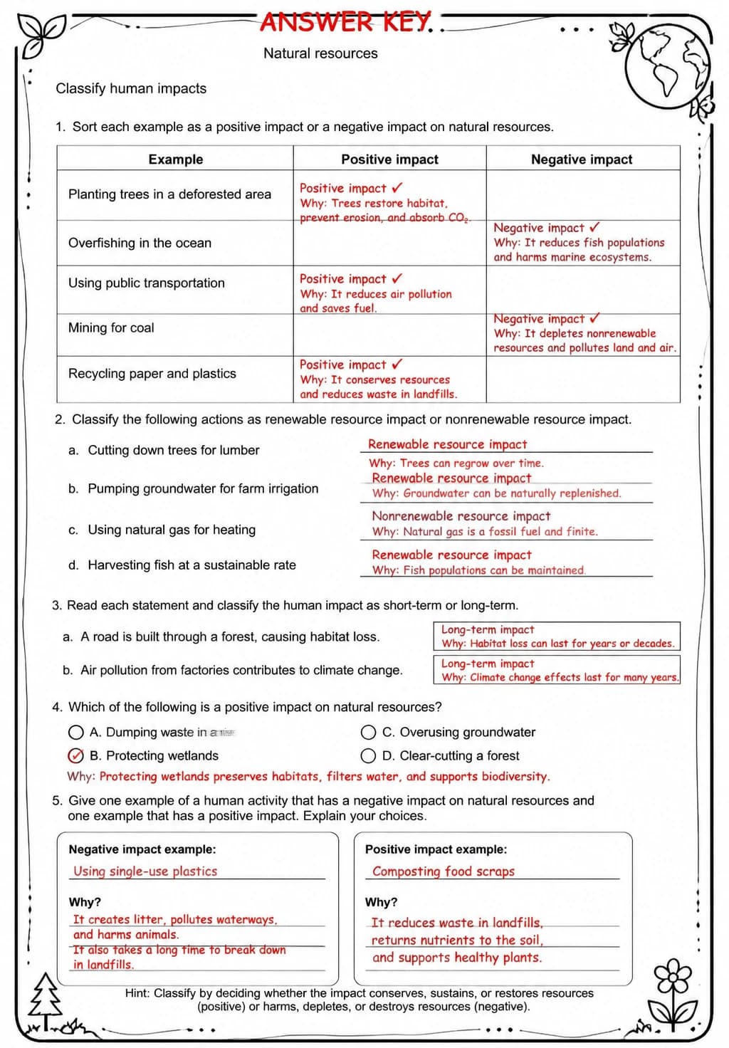 Answer key for Classify human impacts — free printable Science worksheet