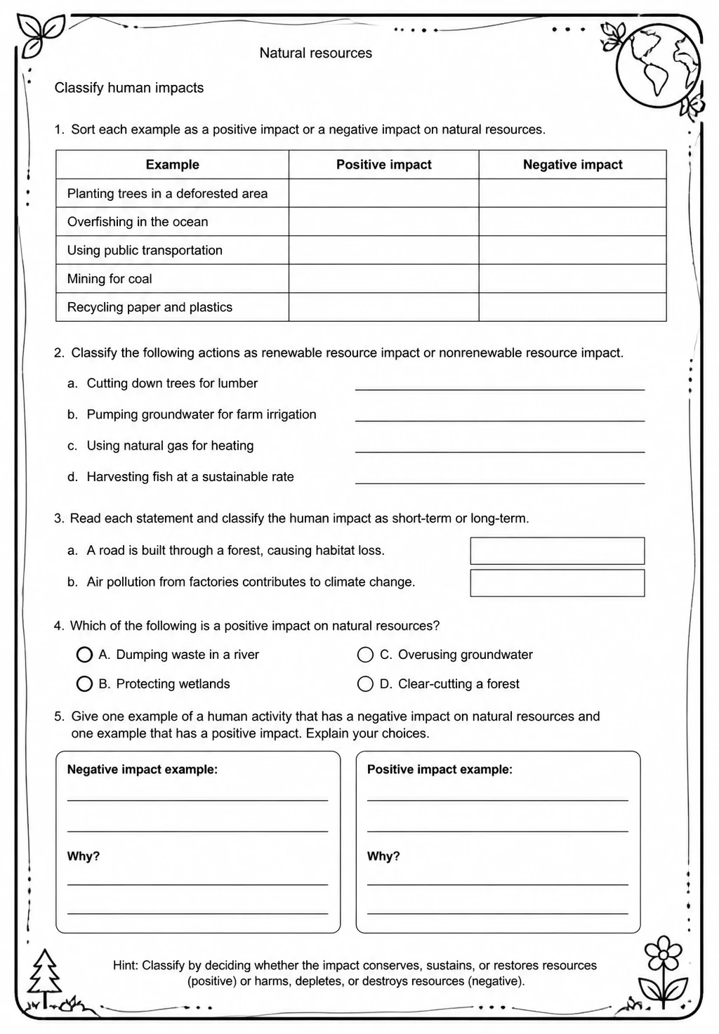 Classify human impacts — free printable Middle School Science worksheet