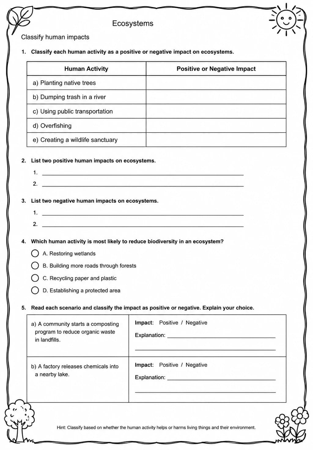 Classify human impacts — free printable Middle School Science worksheet