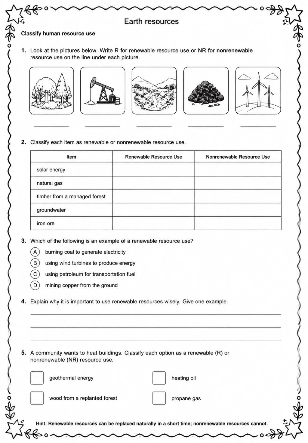 Classify human resource use — free printable Grade 5 Science worksheet