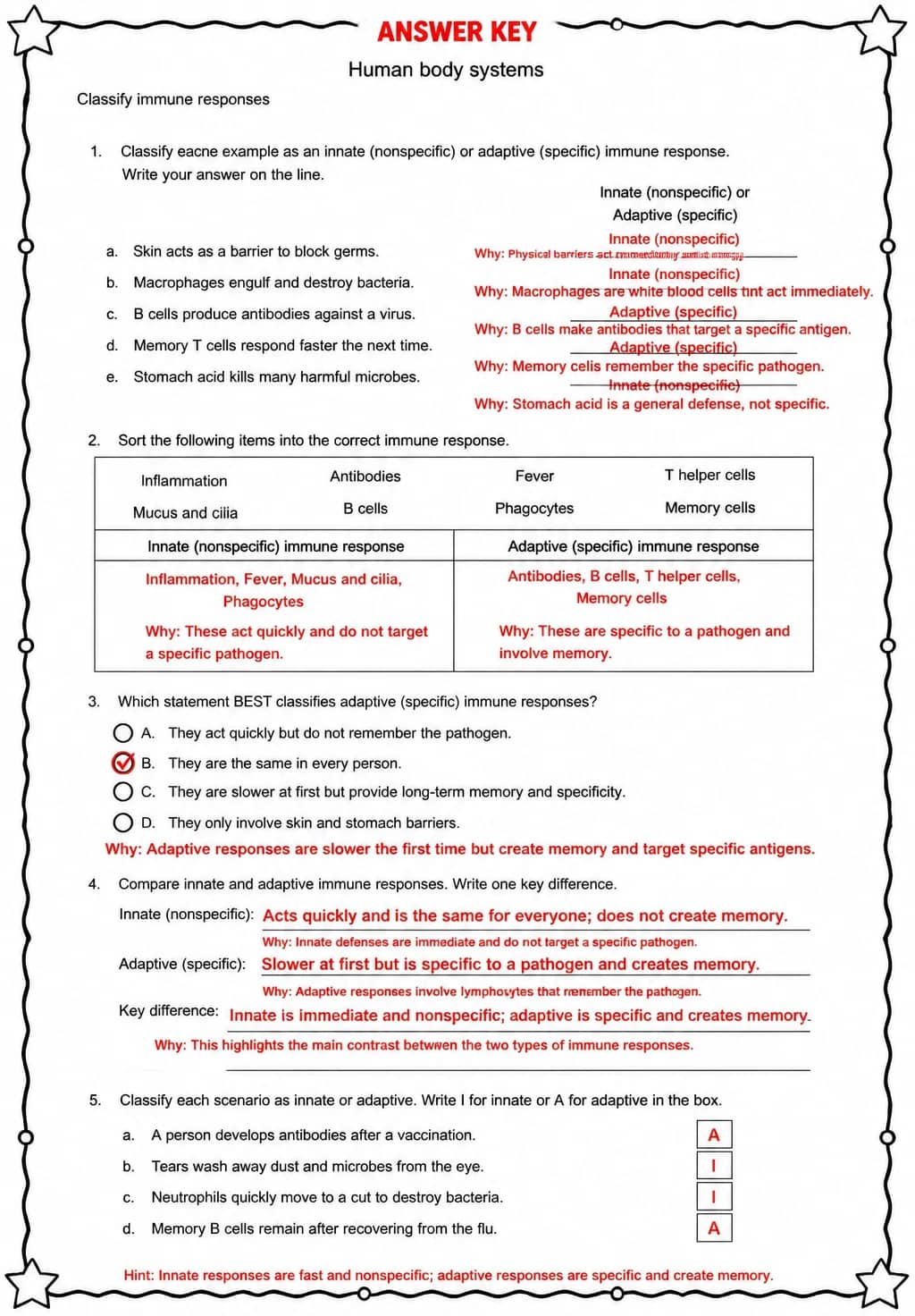 Answer key for Classify immune responses — free printable Science worksheet
