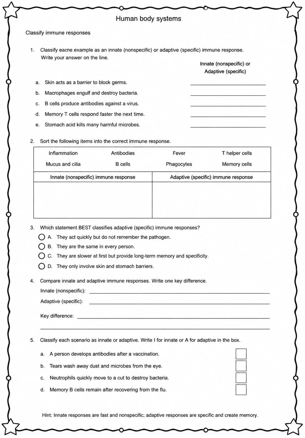 Classify immune responses — free printable Middle School Science worksheet