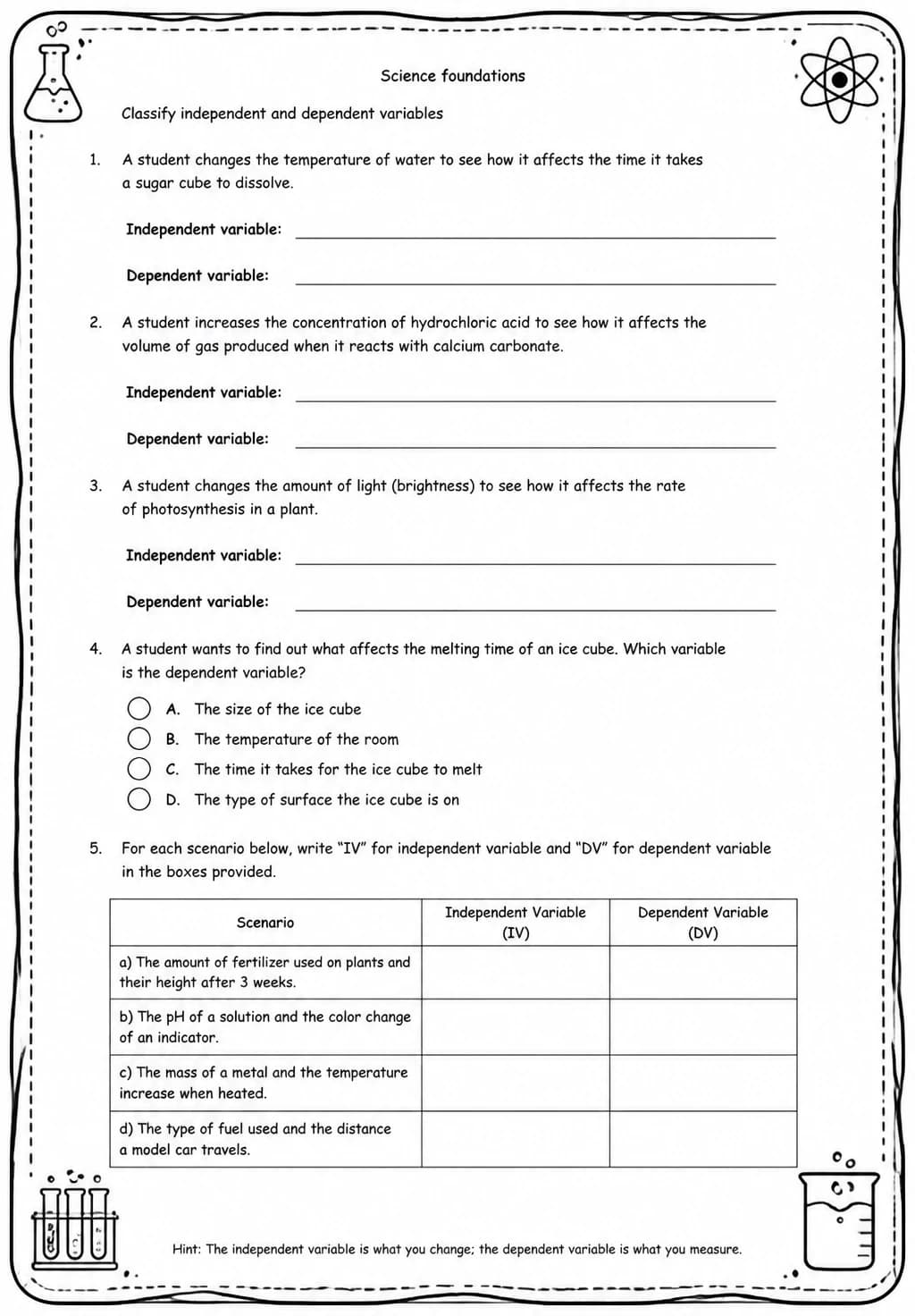 Classify independent and dependent variables — free printable High School Science worksheet