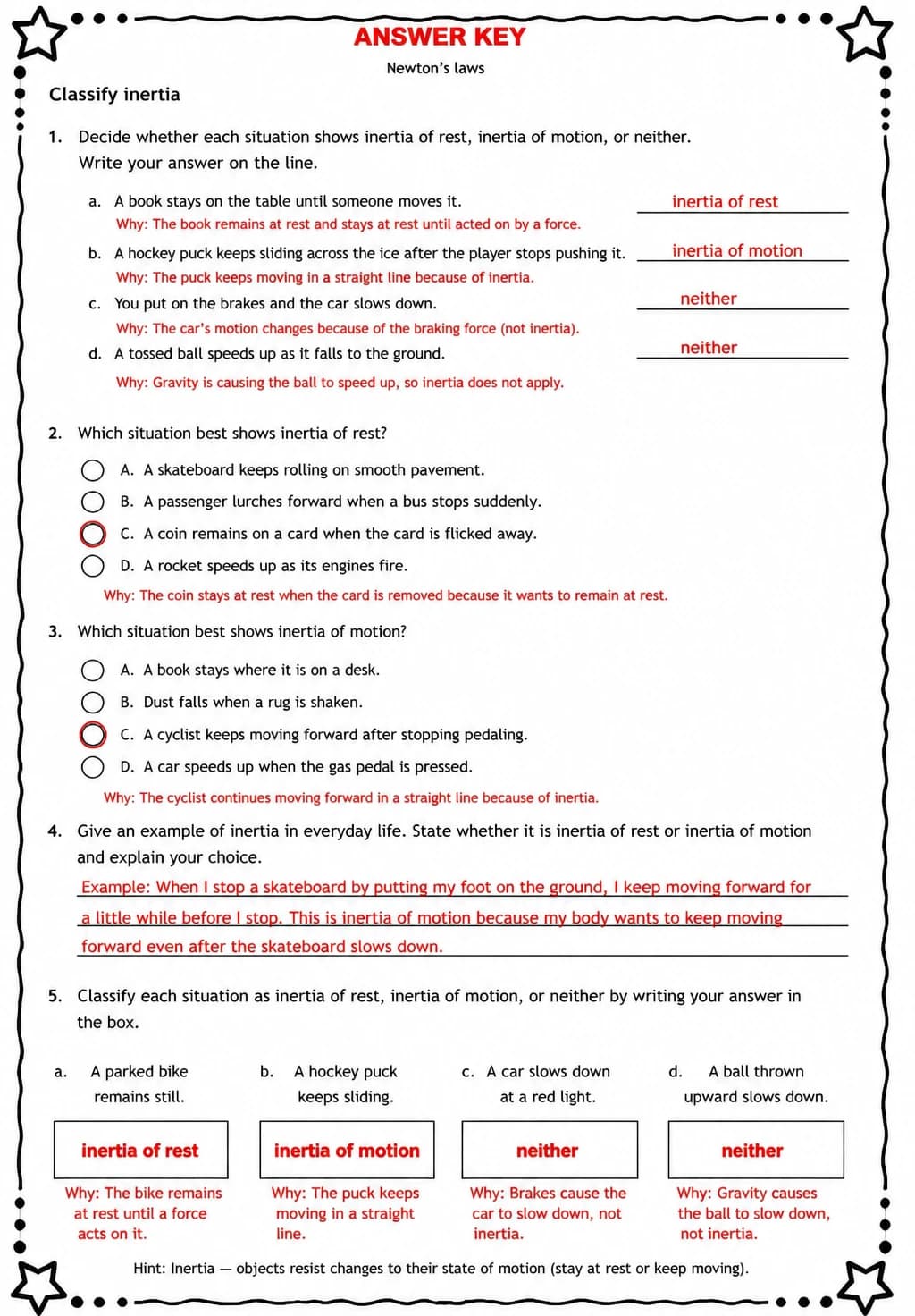 Answer key for Classify inertia — free printable Science worksheet