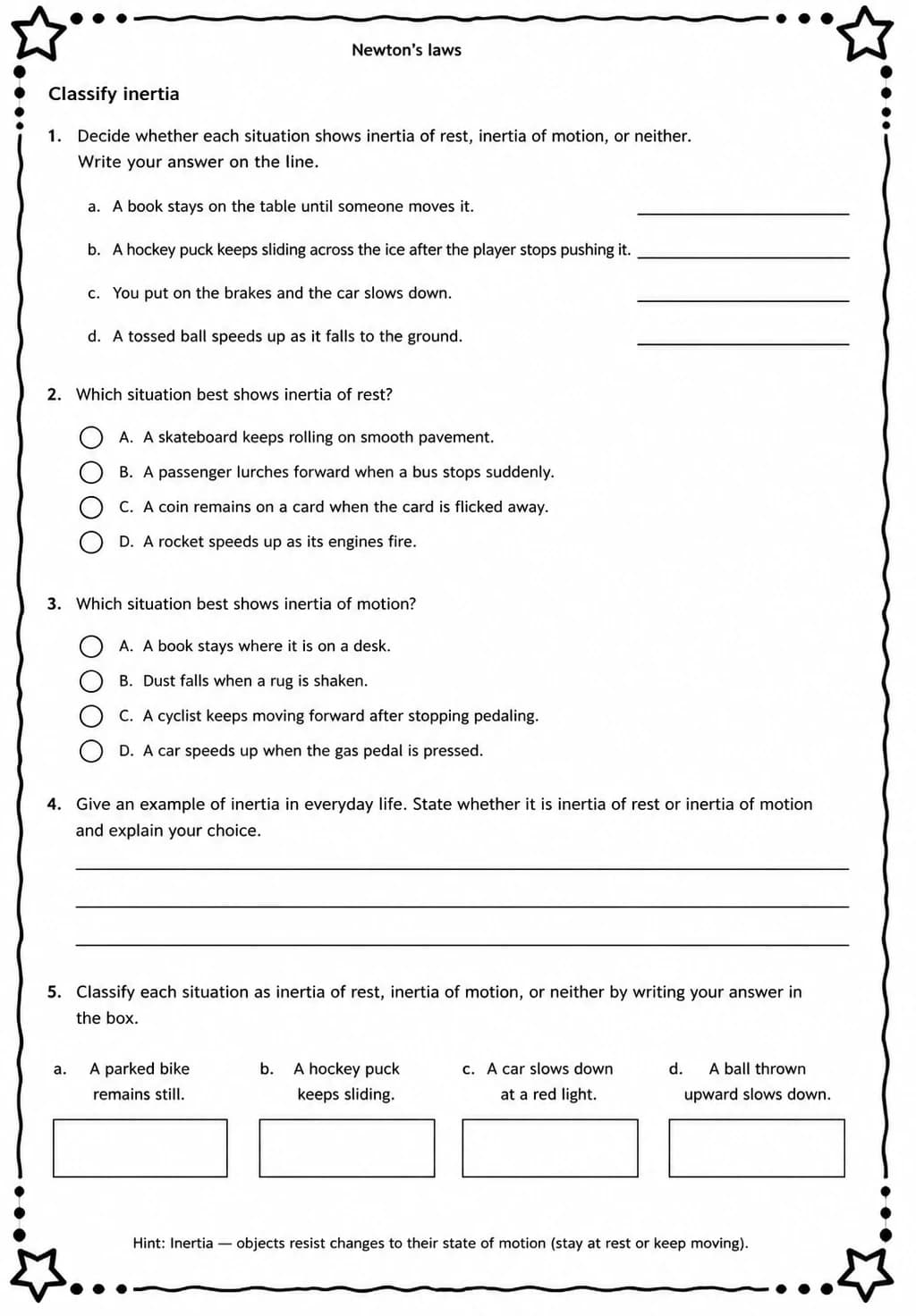 Classify inertia — free printable Middle School Science worksheet
