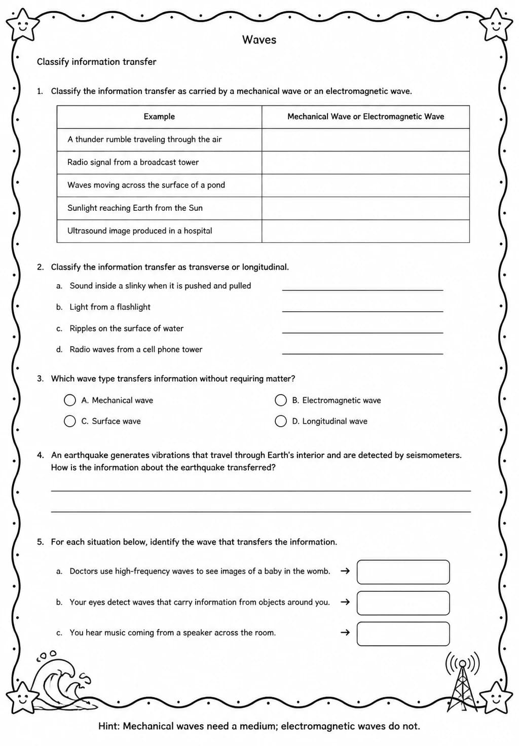 Classify information transfer — free printable Middle School Science worksheet