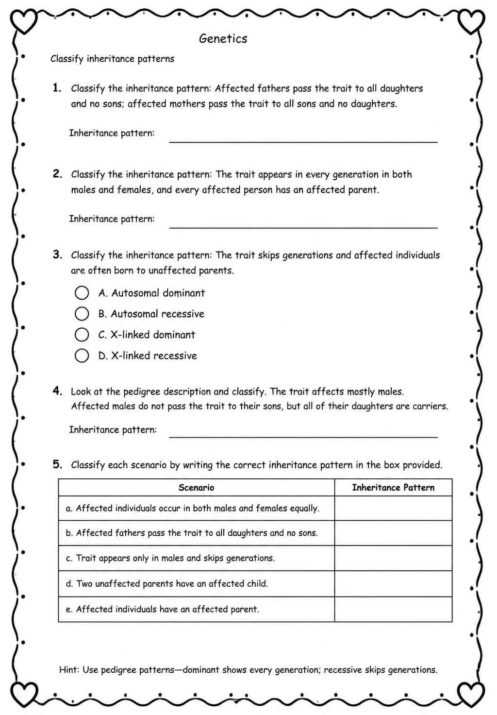 Classify inheritance patterns — free printable High School Science worksheet